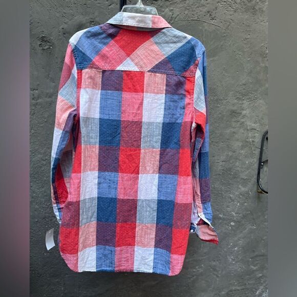 MERONA RED WHITE BLUE PLAID HALF BUTTON UP LONG SLEEVE SHIRT TUNIC TOP SIZE S - Picture 11 of 12